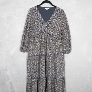 Polagram Women's Medium Floral Print Tiered Maxi Dress V Neck Long Sleeve